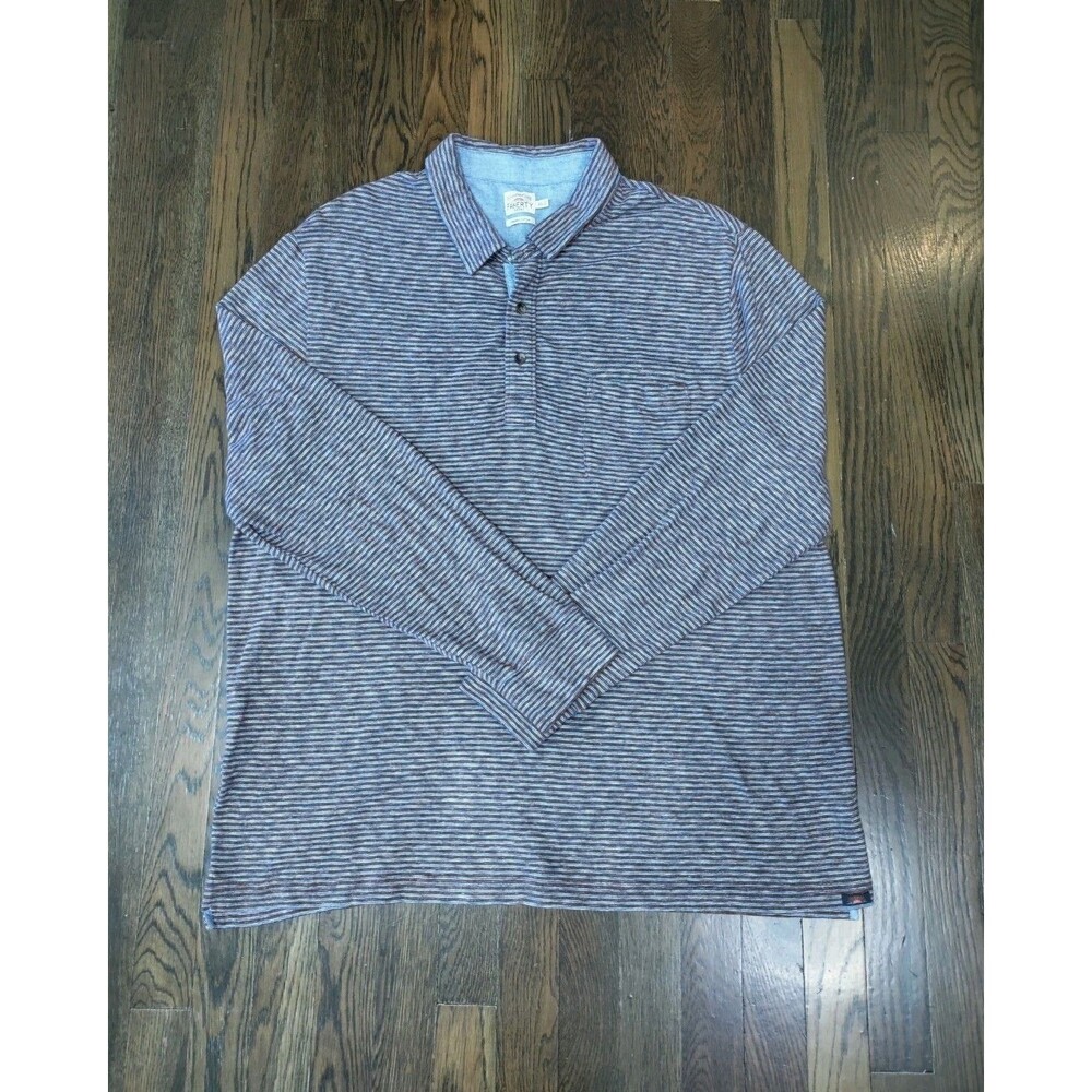 Faherty Polo Shirt Men's 2XL Blue Maroon Striped Long Sleeve 100% Organic Cotton